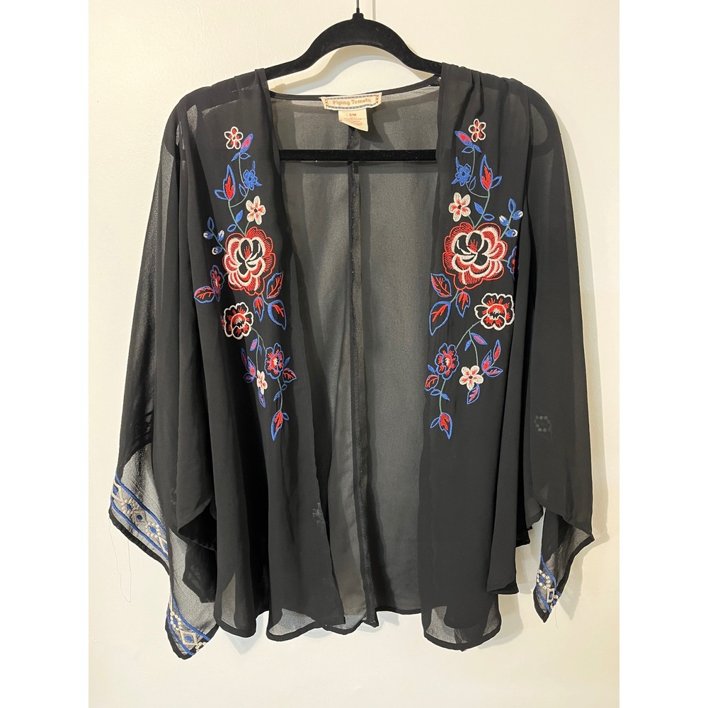 Flying Tomato Floral Embroidered Kimono Black Sheer Open Front Cardigan S/M